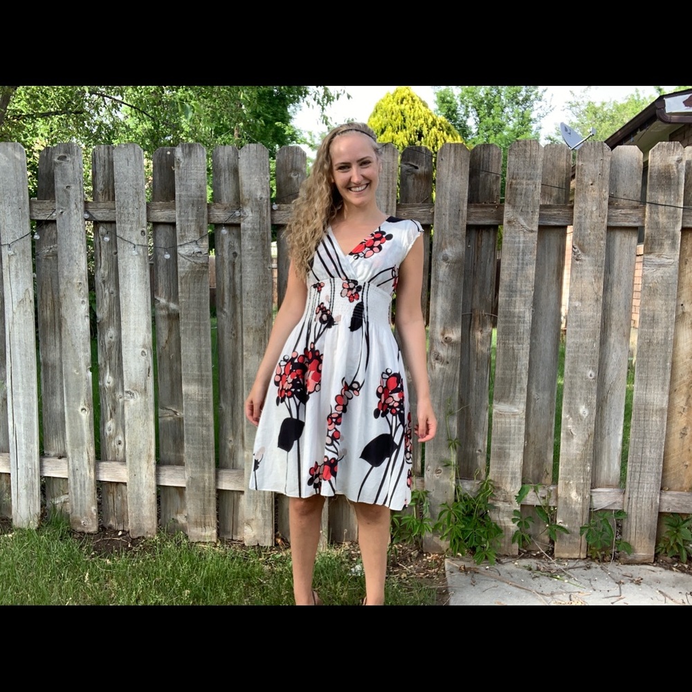White Cotton Midi Dress With Large Red Flowers
